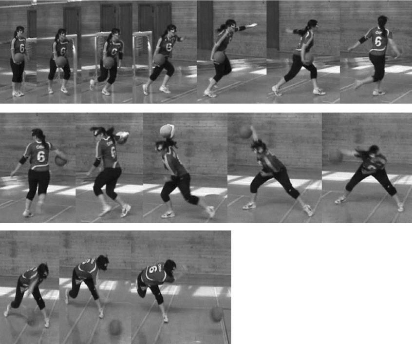 Sequenzaufnahmen einer Handballspielerin beim Dribbeln und Werfen in einer Sporthalle